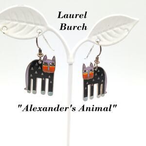 Laurel Burch Alexander’s Animal Cat Cloisonné Dangle Earrings 1980s
